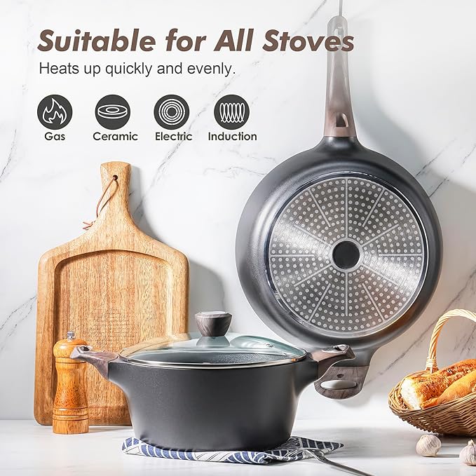 SENSARTE Pots and Pans Set Non stick, Non toxic Healthy Induction Cookware Sets, 14 Pcs Non Stick Kitchen Cooking Set with Frying Pans Set & Saucepan, PFOA PFOS Free, Black - Image 5