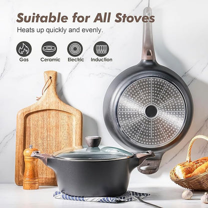 SENSARTE Pots and Pans Set Non stick, Non toxic Healthy Induction Cookware Sets, 14 Pcs Non Stick Kitchen Cooking Set with Frying Pans Set & Saucepan, PFOA PFOS Free, Black - Image 5