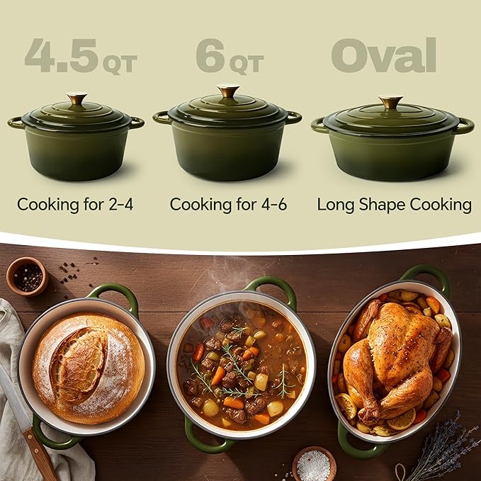 Vintage Style Oval Dutch Oven for Bread Baking, 4.5 Quart Non Stick Enameled Cast Iron Dutch Oven Pot with Lid, Oven Safe Oval Casserole with Lid up to 500°F for Baking, Braising, Stews, Roasting, Golden Green - Image 3