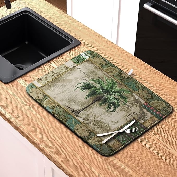 Palm Tree Kitchen Dish Drying Mat for Dishes 18x24 Inch Summer Vintage Tropical Leaves Green Jungle Plant Drying Mat Botanical Dish Drainer Mat Super Absorbent Dish Rack Pad for Coffee Bar Sinks - Image 6
