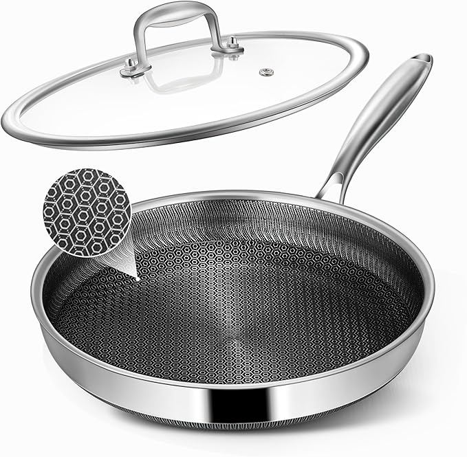Non Stick Frying Pans, 10-inch with Lid, Hybrid Frying Pans Nonstick Stainless Steel Skillets, Dishwasher & Oven-Safe, Stay-Cool Handle, PFOA Free Cookware, Compatible with All Cooktops by Vocvee