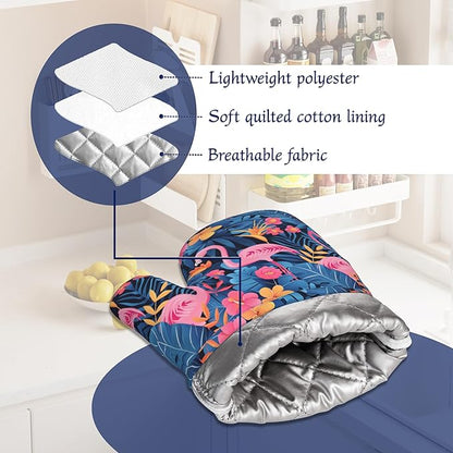 Oven Mitts and Pot Holders Sets Flamingo Tropical Flower Silicone Kitchen Mits Potholders Summer Palm Leaf Heat Resistant 4Pcs Oven Gloves Hot Pads for Baking Cooking BBQ Grilling Home Decor