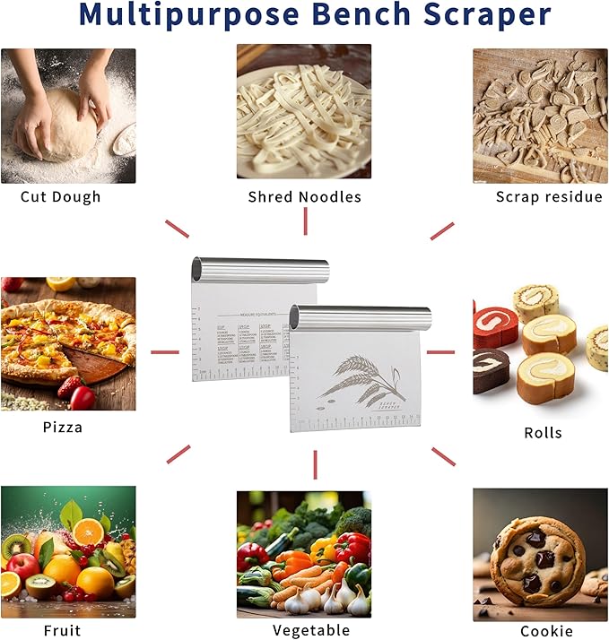 2PCS Dough Pastry Bench Cutter Scraper, OLULU Stainless Steel Kitchen Food Scraper with Protective Cover, Anti-Wear Laser-Engraved Measuring Scale and Ear Of Wheat, Dishwasher Safe (2Pack, 6 inch) - Image 4