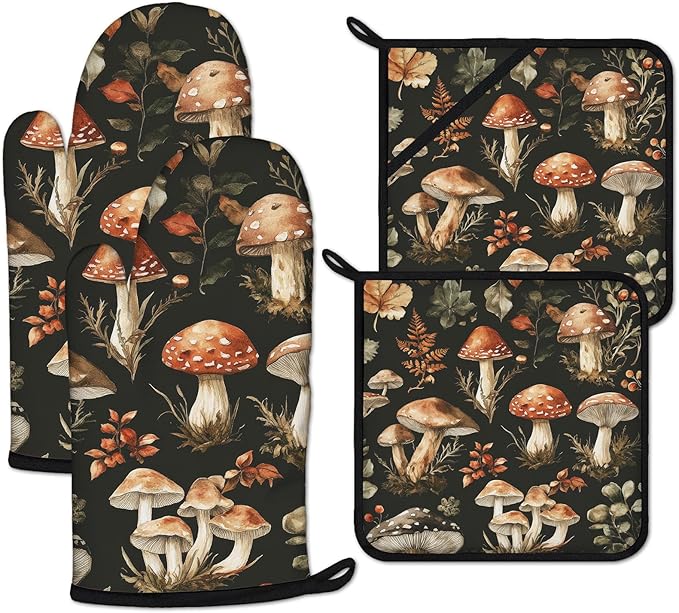 Watercolor Forest Mushroom Oven Mitts and Pot Holders Sets Heat Resistant 4Pcs Potholders Oven Gloves Hot Pads for Kitchen Baking Cooking Grilling BBQ