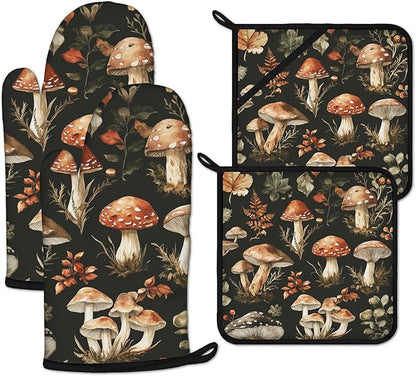 Watercolor Forest Mushroom Oven Mitts and Pot Holders Sets Heat Resistant 4Pcs Potholders Oven Gloves Hot Pads for Kitchen Baking Cooking Grilling BBQ