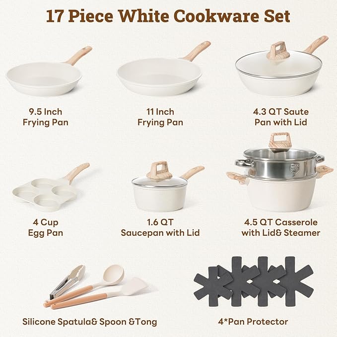 17 Pcs Pots and Pans Set Non stick，Cookware Sets White Granite Induction Cookware, Non-toxic Healthy Non Stick Kitchen Cooking Set with Frying Pans Set, Saucepans (PFAS, PFOA, PFOS Free) White - Image 2