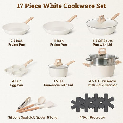 17 Pcs Pots and Pans Set Non stick，Cookware Sets White Granite Induction Cookware, Non-toxic Healthy Non Stick Kitchen Cooking Set with Frying Pans Set, Saucepans (PFAS, PFOA, PFOS Free) White - Image 2