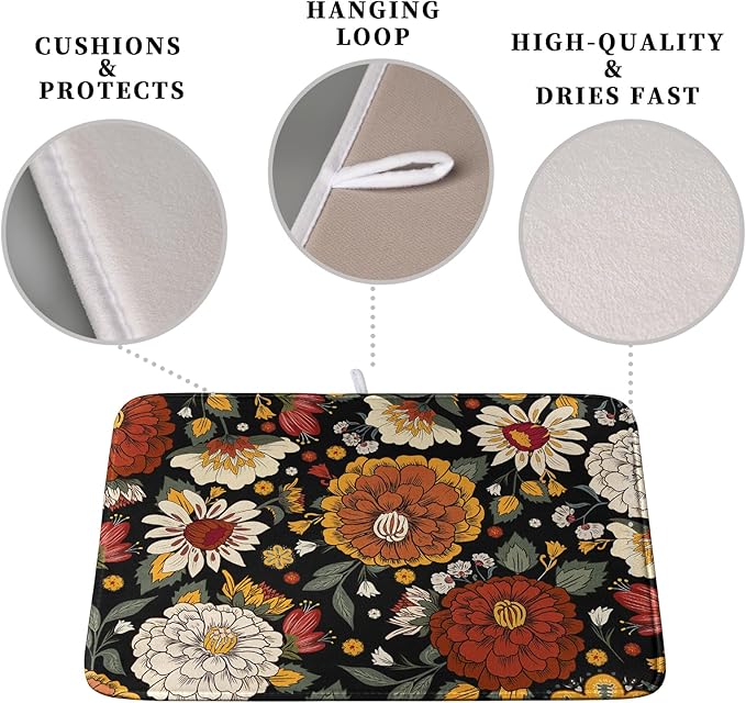 Vintage Floral Dish Drying Mat for Kitchen Counter Retro Sunflower Floral Absorbent Microfiber Dry Dish Mat Reversible Washable Dish Drainer Rack Mat Large 18x24 Inch - Image 3