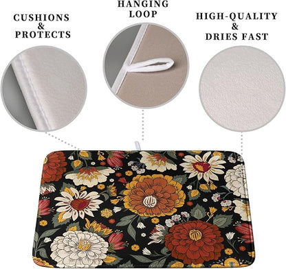 Vintage Floral Dish Drying Mat for Kitchen Counter Retro Sunflower Floral Absorbent Microfiber Dry Dish Mat Reversible Washable Dish Drainer Rack Mat Large 18x24 Inch - Image 3