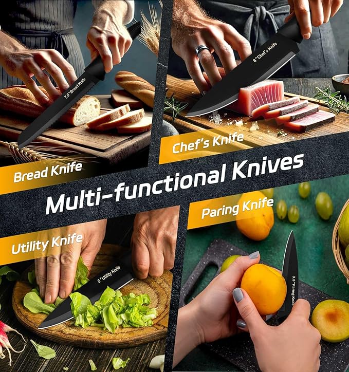 XANAPON Knife Set, 14 Pieces Kitchen Knife Set, High Carbon German Stainless Steel, Dishwasher Safe Cutlery with Sharpener, Black - Image 4