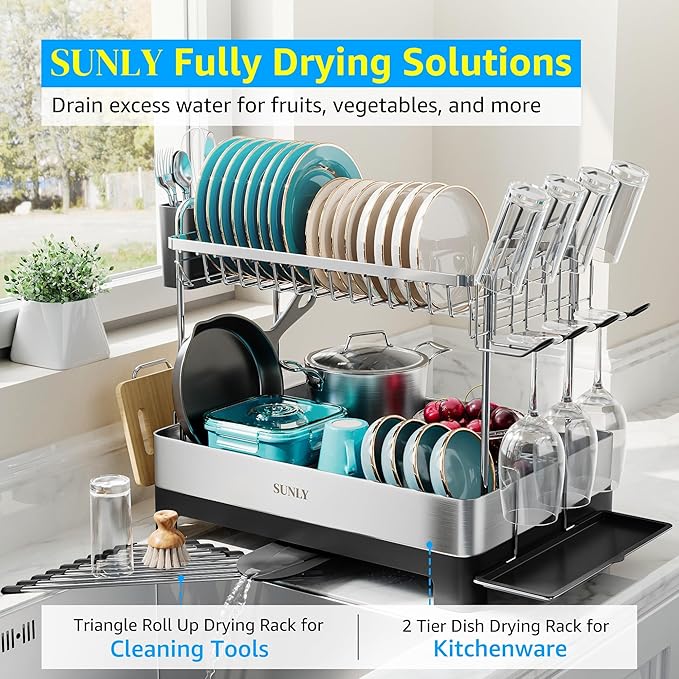 SUNLY 2 Tier Dish Drying Rack, Extra Large Dish Rack, Multifunctional Large Dish Drainers for Kitchen Counter, 304 Stainless Steel Kitchen Drying Rack, Bowl Drying Rack, Extendable Drain Spout, Black - Image 2