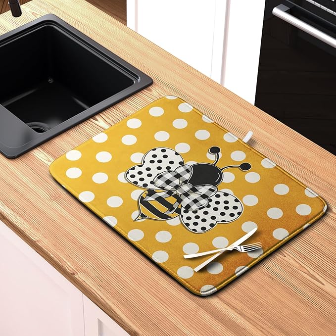 Bee Dish Drying Mat for Kitchen Counter 18x24 Inch Yellow Bumblebee Polka Dots Dishes Pad Cute Honey Bees Dish Draining Microfiber Absorbent Dish Drainer Rack Mat Large Kitchen Accessories - Image 6