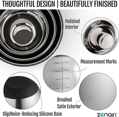 Premium Quality Stainless Steel Mixing Bowls with Lids, 3-Piece Set, Dishwasher-Safe Clear Glass Lids, No Plastics