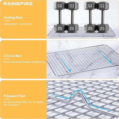 Oven-Safe Dishwasher-Safe 100% 304 Stainless Steel Cooling Rack 10" x 15" Heavy Duty Tight-Wire Set of 2 Fits Jelly Roll Pan Half Sheet Pan