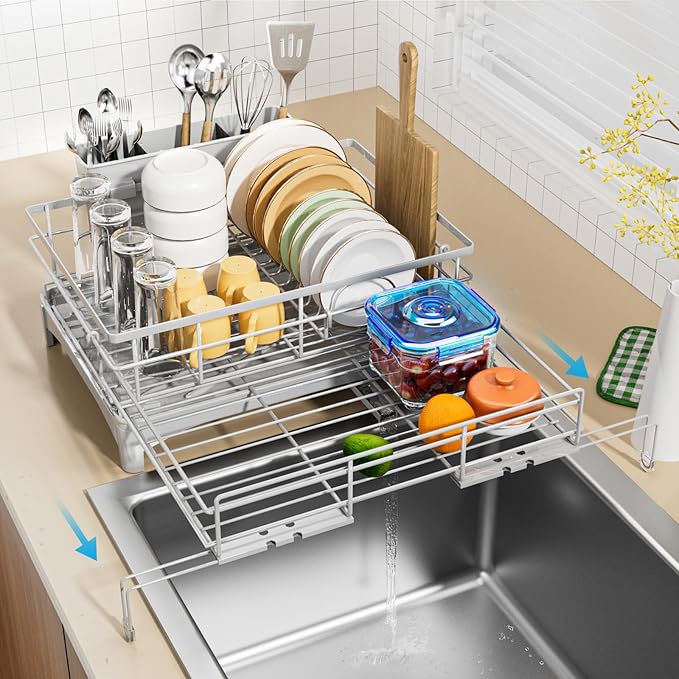 Laveshop Dish Drying Rack - Expandable Rack, Large Capacity Dish Drainer for Kitchen Counter, Rust-Proof with Utensil Holder, Gray by Unknown
