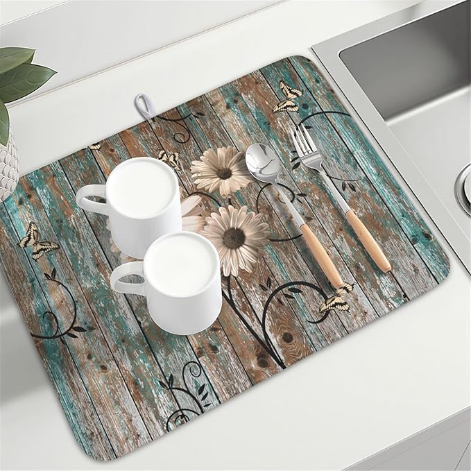 Dish Drying Mat for Kitchen Counter 18 x 24 Inch Rustic Vintage Daisy Floral Dish Drainer Mat Absorbent Microfiber Farmhouse Flowers Wooden Board Dish Rack Pad for Coffee Dining Bar Decor