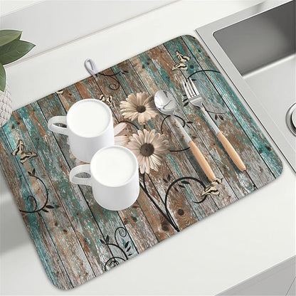 Dish Drying Mat for Kitchen Counter 18 x 24 Inch Rustic Vintage Daisy Floral Dish Drainer Mat Absorbent Microfiber Farmhouse Flowers Wooden Board Dish Rack Pad for Coffee Dining Bar Decor