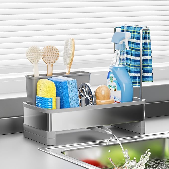 Ewaiira Stainless Steel Sink Caddy, Sponge Holder for Kitchen Sink with Brush Holder Dishcloth Rack, Rustproof Sink Organizer Countertop, Soap Dispenser Kitchen Organizers Storage Essentials, Gray9.8″ by EwaiiraHomeStorageOrganizer