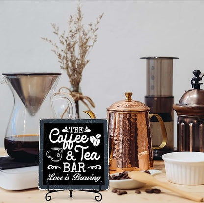 Coffee Bar Sign, Love is Brewing Farmhouse Tabletop Decor, Coffee and Tea Lover Gifts, 5x5 Wood Plaque with Iron Stand for Home Kitchen Cafe, Coffee Bar Decor – L03 - Image 6