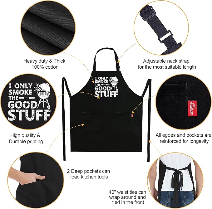 Kaidouma Funny Grill Aprons for Men - I Only Smoke the Good Stuff - Men’s Funny Chef Cooking Grilling BBQ Aprons with 2 Pockets - Birthday Father’s Day Christmas Gifts for Dad, Husband, Boyfriend, Him