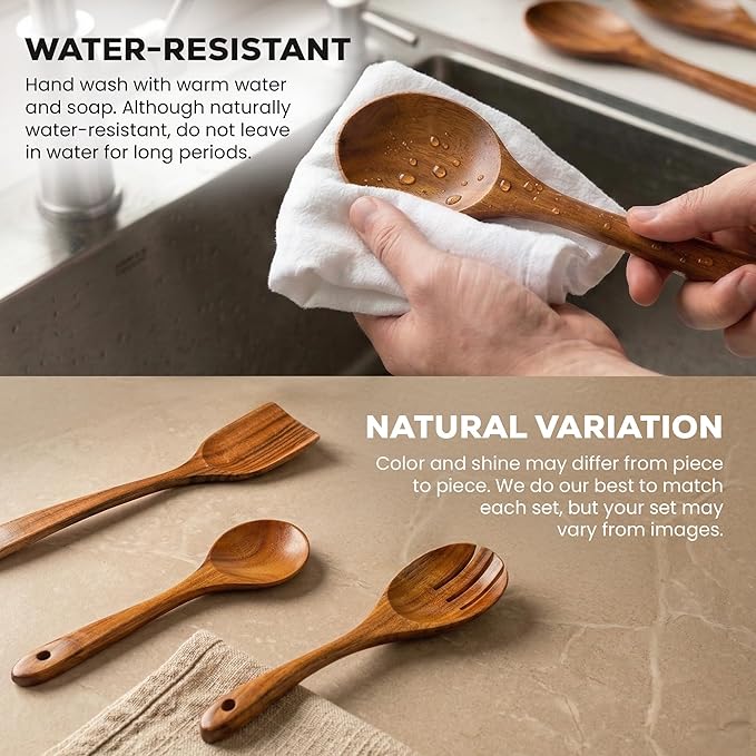 Zulay Kitchen 10-Piece Wooden Spoons for Cooking - Smooth Finish Teak Wooden Utensils for Cooking - Soft Comfort-Grip Wood Spoons for Cooking - Non-Stick Wooden Cooking Utensils - Wooden Spoon Sets - Image 5