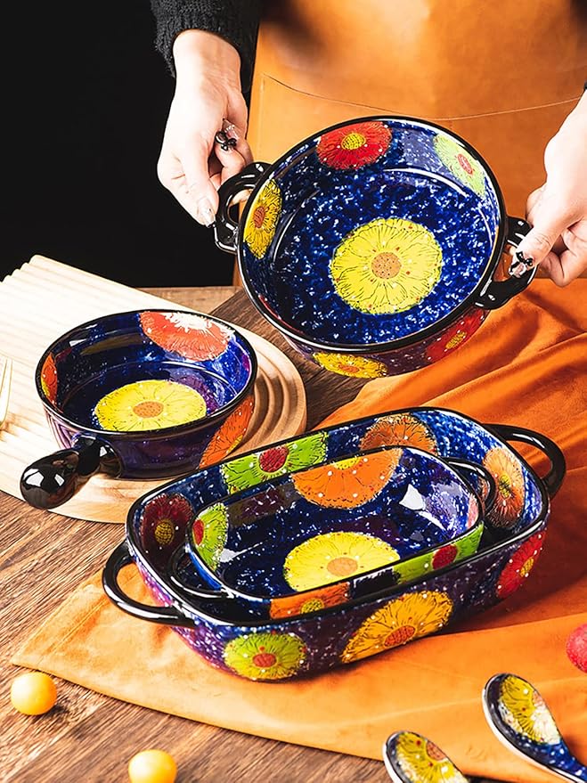 Vintage Style Pottery Bakeware Colorful Daisy Pattern Ceramic Casserole Dish Baking Pan Lasagna Pans Baking Dish with Handles from Oven to Table Plate-1 PCS, 32 OZ - Image 5