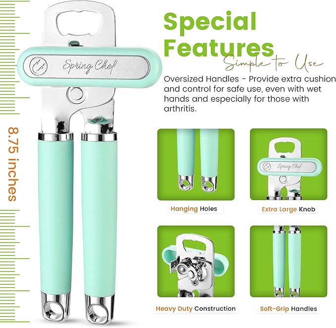 Spring Chef Stainless Steel Can Opener - Manual with Soft Grip Handles, Easy Turn, Heavy Duty Hand Can Opener for Seniors with Smooth Edge - Built-in Magnetic Lid Remover - Mint - Image 3