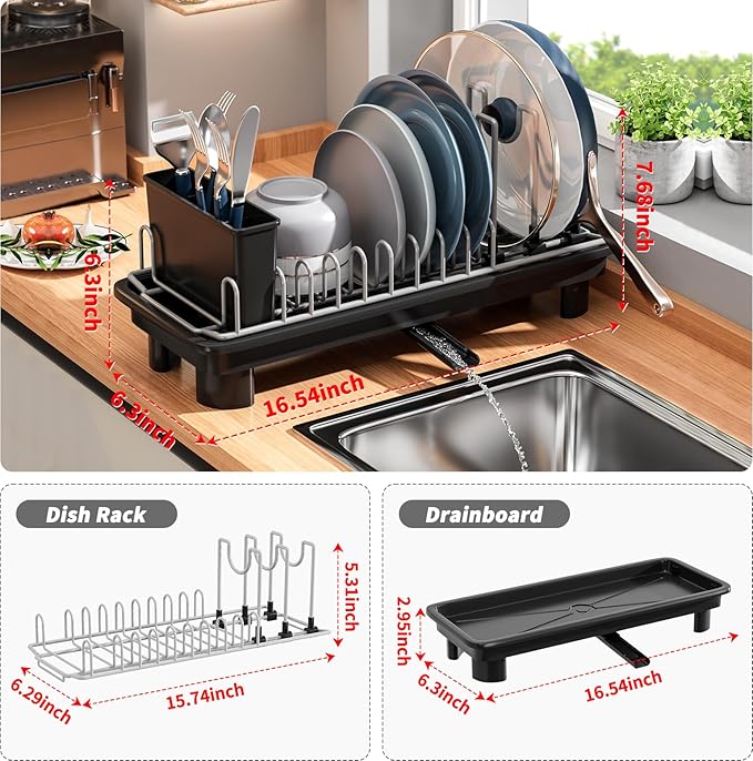 SanDream Small Dish Drying Rack with Removable Utensil Holder & Anti-Scratch Base - Stainless Steel Dish Rack, Dish Drying Rack with Drainage & Space Saving Design for Kitchen Counter, Black - Image 3