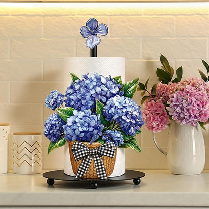 Thyle Blue Hydrangea Paper Towel Holder Summer Hydrangea Kitchen Decor Metal Flowers Paper Towel Holder Stand with Round Base for Summer Kitchen Bathroom Countertop Toilet Accessories