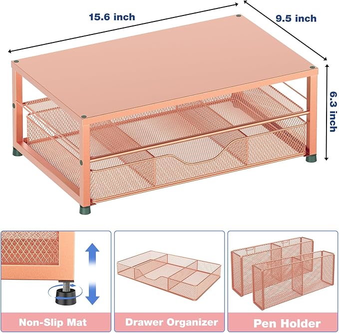OPNICE Desk Organizers and Accessories, 2-Tier Computer Monitor Stand with Drawer and 2 Pen Holders, Laptop Stand, Office Desk Accessories for Office Supplies, Rose Gold - Image 3