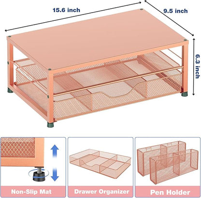 OPNICE Desk Organizers and Accessories, 2-Tier Computer Monitor Stand with Drawer and 2 Pen Holders, Laptop Stand, Office Desk Accessories for Office Supplies, Rose Gold - Image 3