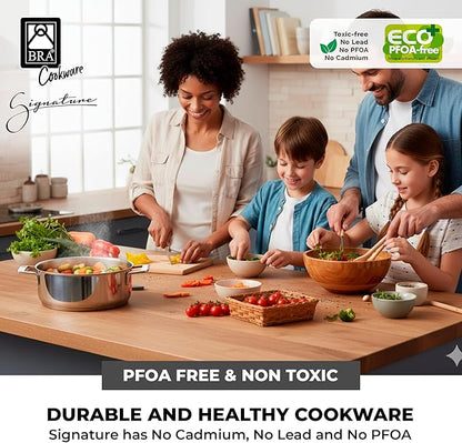 BRA COOKWARE Signature Stainless Steel Stock Pot w/Glass Lid | 9.5 Inch 4 Quart Professional Grade Cooking Pot | PFOA Free Deep Pot | All Cooktops | All Cooktops (incl. Induction) & Oven Safe
