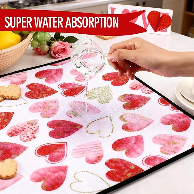 Breling Valentine's Day Dish Drying Mat Valentine Kitchen Dry Mat Absorbent Hearts Table Dishes Pad Red Pink Protect Tableware Kitchen Accessories for Home Decor, 16 x 18.4 Inches