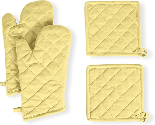 Native Fab 4 Piece Set - 2 Oven Mitts & 2 Potholders, Heat Resistant, 100% Cotton, Quilted Design, Non-Slip Grip, Machine Washable, Ideal for Baking, Cooking, BBQ, Kitchen Protection - Pale Yellow by NativeFab