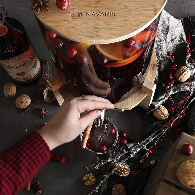 Navaris Beverage Dispenser with Stand - 1.3 Gallon (5L) Glass Drink Dispenser with Spigot, Lid, Wood Stand for Hot or Cold Drinks, Ice Water, Parties