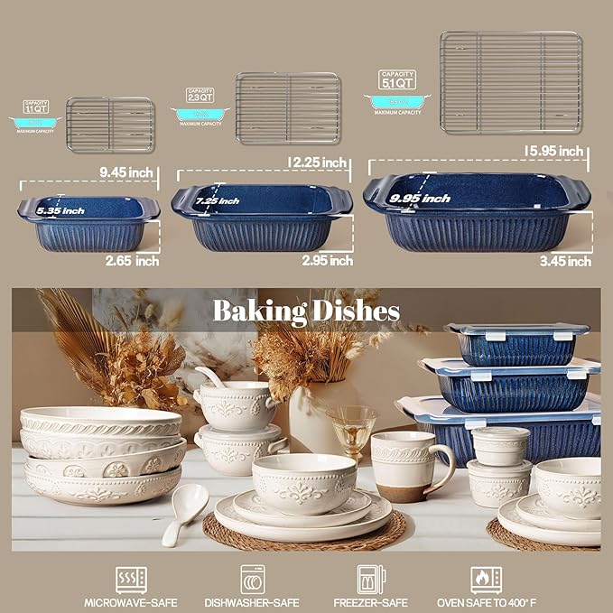 Artena Casserole Dishes For Oven, Ceramic Baking Dish, Large Lasagna Pan With Handles, Baking Pan Casserole Dish, Rectangular Bakeware Deep, Set Of 3 (5.1Qt/2.3Qt/1.1Qt) (Blue - Baking Dish With Rack) - Image 7