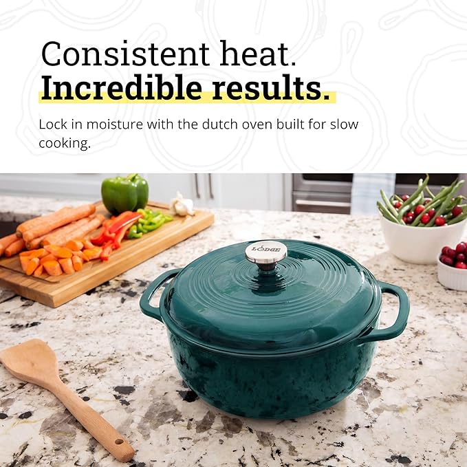 Lodge Essential Enamel Cast Iron Dutch Oven - Perfect for Bread Baking, Braising, Marinating & Slow Cooking - Features Moisture-Sealing Lid & Dual Handles - Kitchen Essentials - 6 Quarts - Lagoon - Image 3