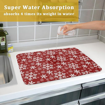 Christmas Dish Drying Mat for Kitchen Counter 24x18 Inch Xmas Snowflake Drying Mat with Absorbent Reversible Microfiber Red Dish Drainer Mats Rack Pad for Coffee Countertop Protector