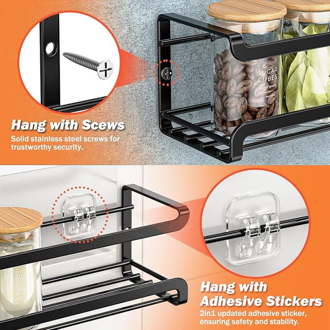 Bunoxea Spice Rack wall mounted 2 Pack, Space-Saving Spice Organizer for Spice Jars and Seasonings,Screw or Adhesive Hanging Spice Rack Organizer for Your Kitchen Cabinet,or Pantry Door - Image 3