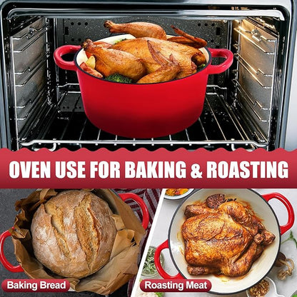 P&P CHEF 7QT Enameled Dutch Oven, Cast Iron Dutch Oven Pot with Lid for Bread Baking, Enameled Casserole Pot for Roasting Braising Stewing Frying Simmering, Various Stoves & Easy Clean, Red