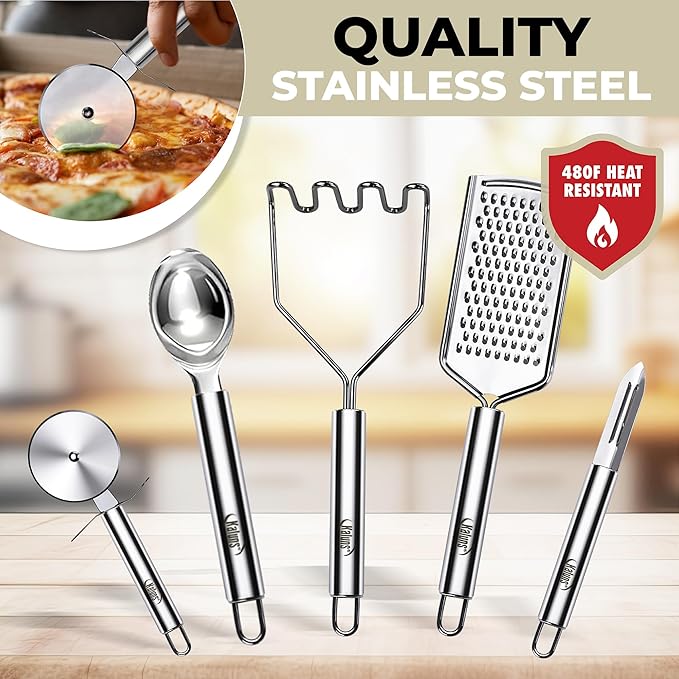 Kaluns 50 PCS Silicone Kitchen Utensils Set Complete Kitchen Set - 800°F Heat Resistant Non-Stick Premium Cooking Utensils W Wooden Handles - Can Opener, Masher, Turner, Silicone Spatula Set - Image 6