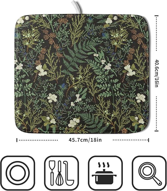 Green Plants Dish Drying Mat for Kitchen Counter Microfiber Absorbent Dish Draining Reusable Washable Foldable 16"x18" - Image 2