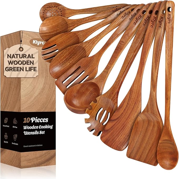 Teak Wooden Cooking Utensils Set, 10 Piece Premium Kitchen Cookware, Non-Scratch Wooden Spoons for Cooking, Perfect for Cooking and Serving by KLYRO