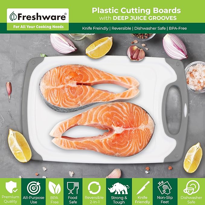 Freshware Cutting Boards for Kitchen, Chopping Board 3-Pack with Different Sizes, Juice Grooves and Non Slip Handles - Reversible, Large Cutting Board Set - Dishwasher Safe - Gray - Image 3