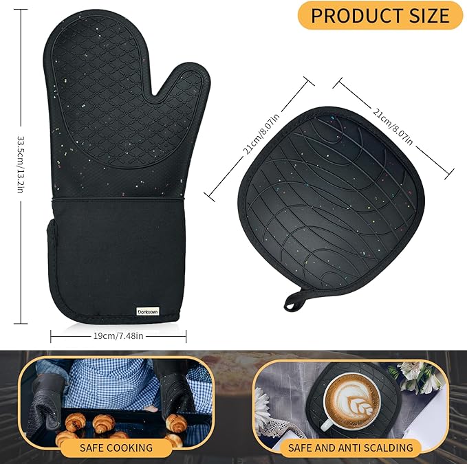 Oven Glove Cute,Cooking Mittens,Oven Mittens for Kitchen,Oven Gloves for Kitchen,Washable Silicone Oven Mitts Heat Resistant 500°F, Potholders for Kitchens Cooking Baking(Black - Image 2