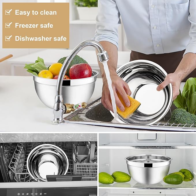 E-far Mixing Bowls with Lids, 6-Piece Stainless Steel Salad Bowls Metal Nesting Bowls for Baking Cooking and Prepping, Airtight Lids & Stackable Design, Size 4.5, 3, 1.5 QT (Khaki) - Image 6