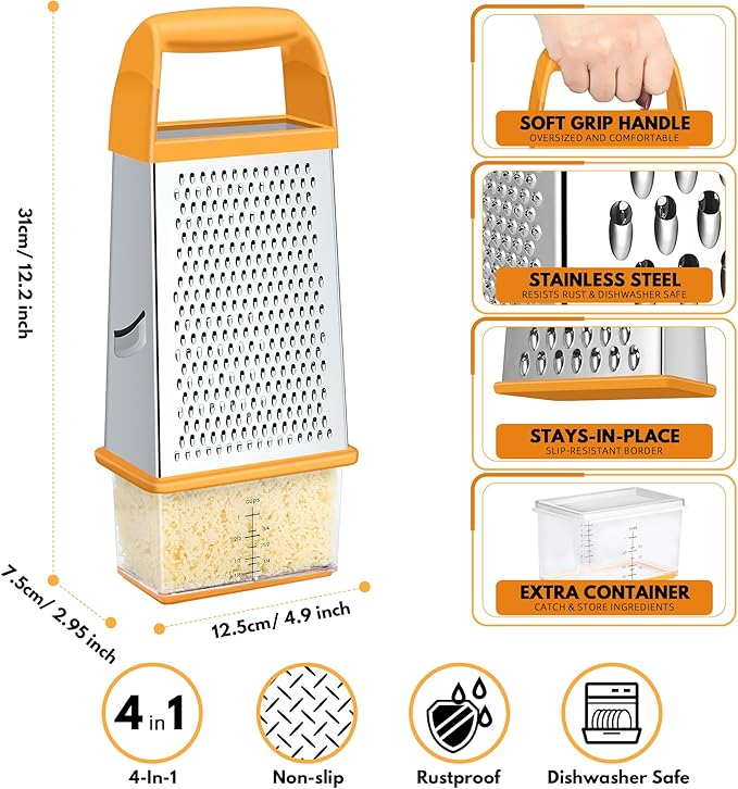 Urbanstrive Cheese Grater With Container, Professional Cheese Grater with Handle, Stainless Steel Graters for Kitchen Handheld, Box Grater with 4 Sides for Vegetables, Ginger, Potatoes (Orange) - Image 2