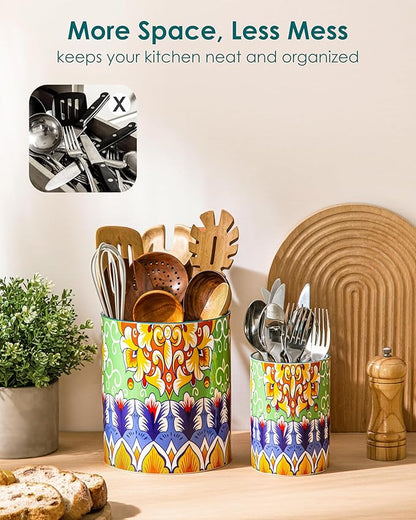 vancasso SIMI Utensil Holder, 7.3"+5.5" Porcelain Kitchen Utensil Holder for Countertop, Bohemian Kitchen Utensil Organizer for Spatulas, Spoons, Ladles, Decorative Counter Utensil Crock, Golden Bloom
