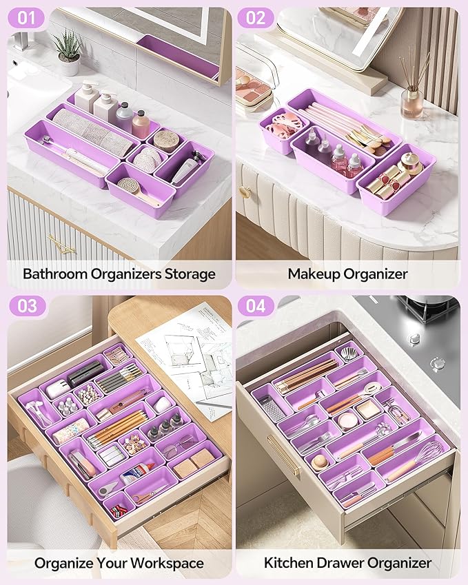Canfanni 13 Pack Plastic Drawer Organizers Set, 3 Sizes Desk Drawer Organizer Trays for Vanity and Makeup Organizer, Organization and Storage for Makeup, Kitchen Utensils, Bathroom and Office(Purple) - Image 5