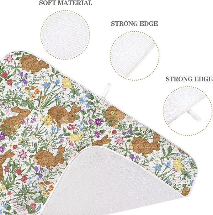 Spring Easter Dish Drying Mat 18 x 24 inch Vintage Rabbit Bunny Decorative Drying Mats Microfiber Absorbent Floral Dish Washable Draining Mat for Kitchen Counter Decor